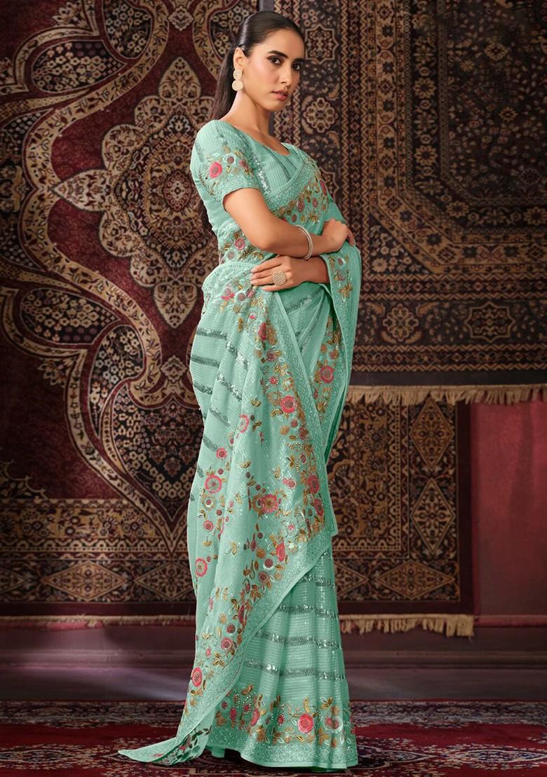 Blue Sequin Embroidered Poly Blend Pre-Stitched Saree