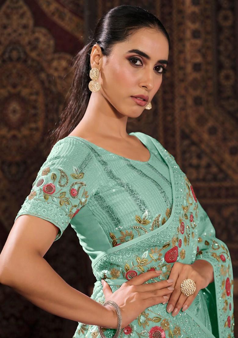 Blue Sequin Embroidered Poly Blend Pre-Stitched Saree