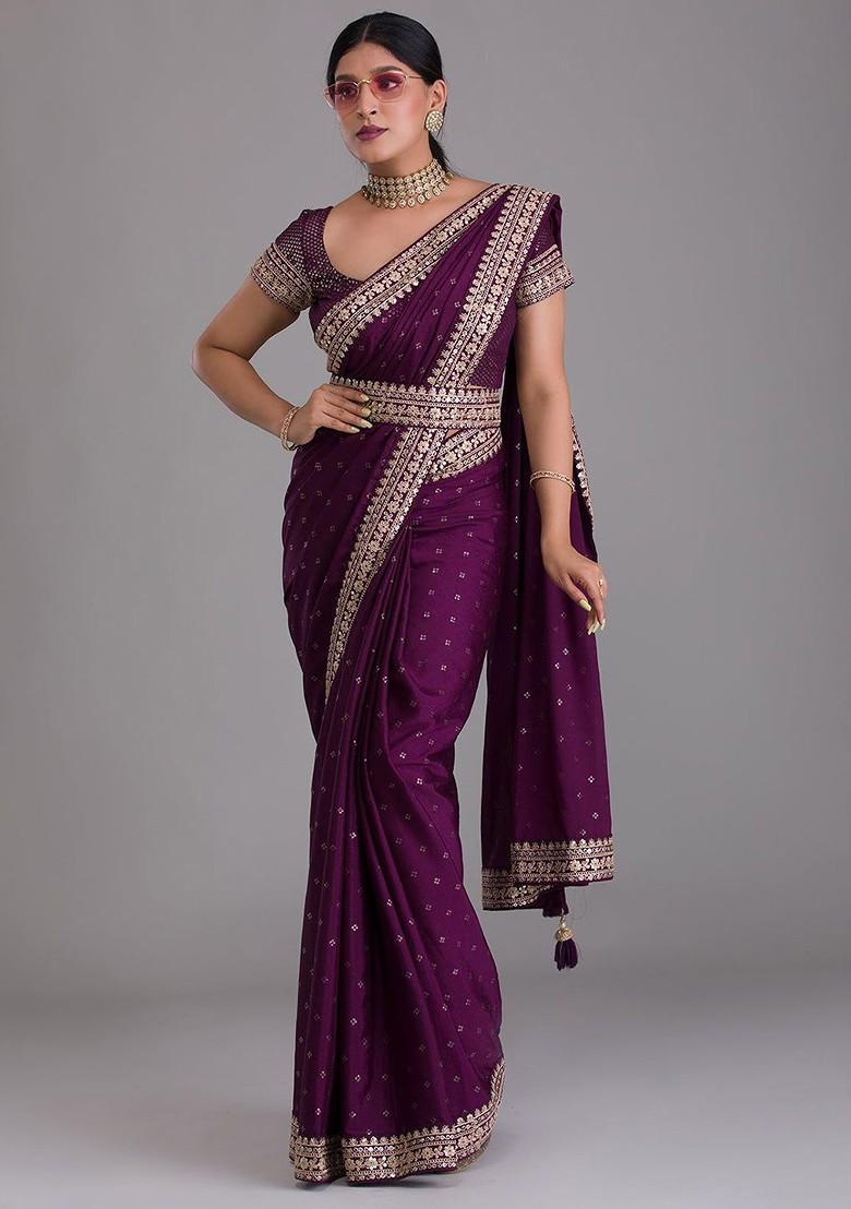Purple Embellished Poly Blend Pre-Stitched Saree