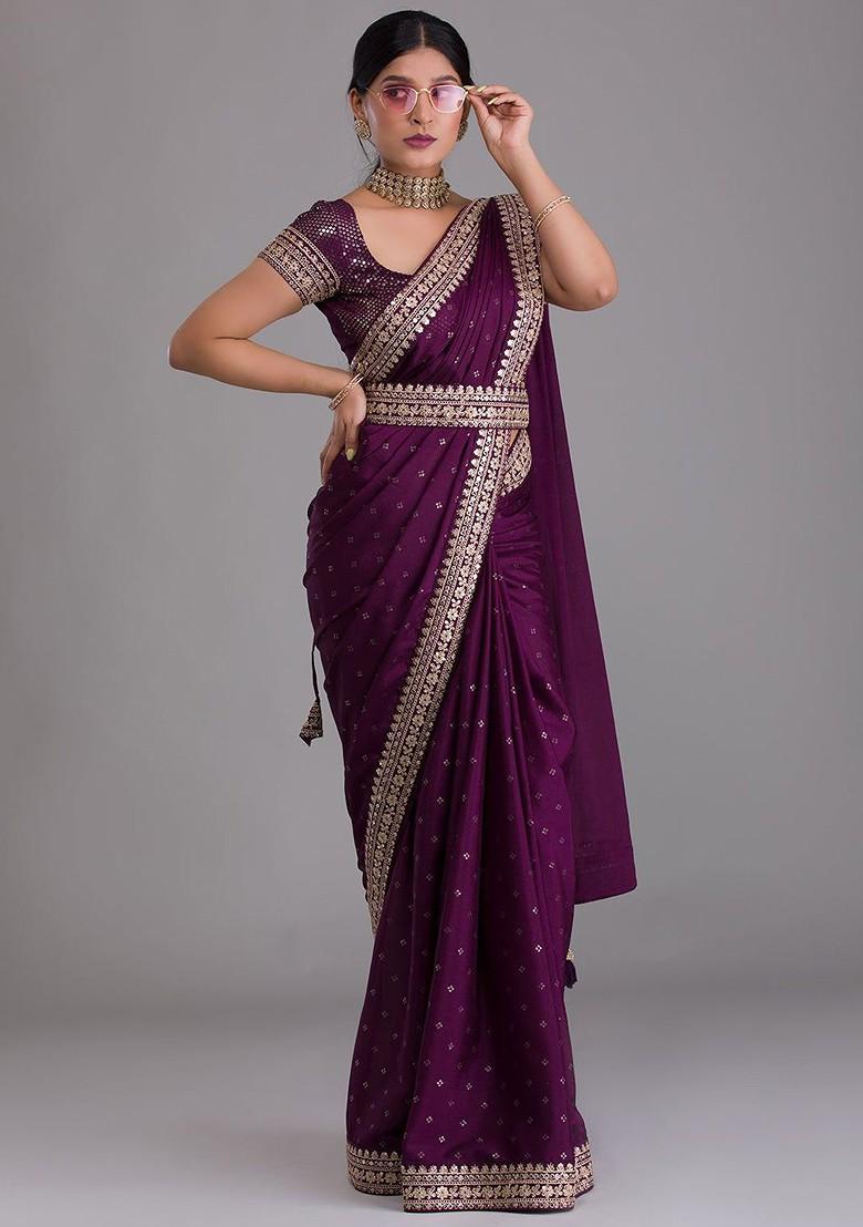 Purple Embellished Poly Blend Pre-Stitched Saree