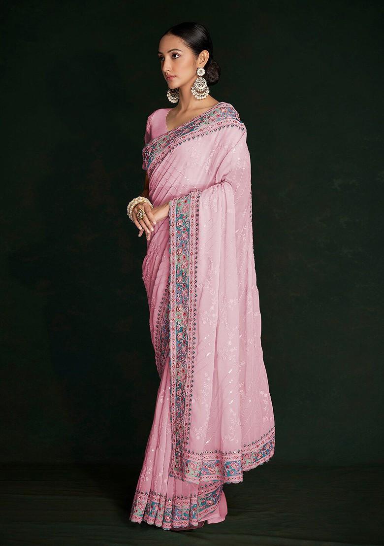 Pink Embroidered Poly Blend Pre-Stitched Saree