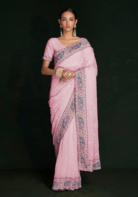 Pink Embroidered Poly Blend Pre-Stitched Saree