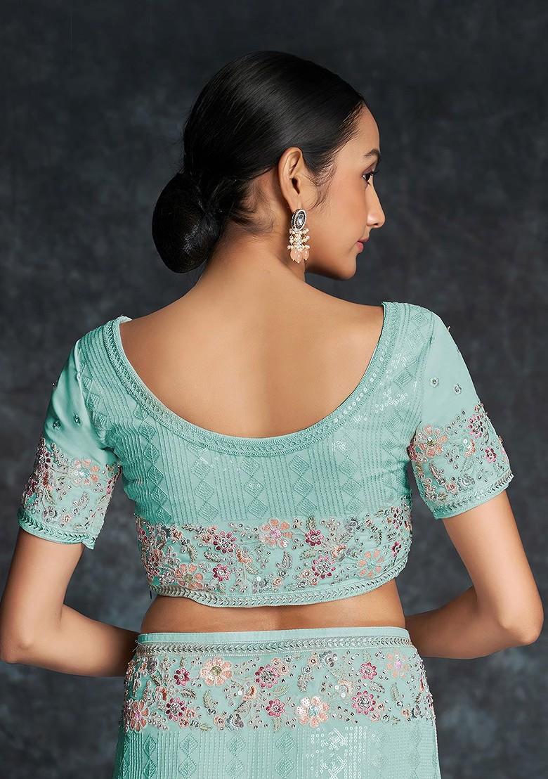 Blue Embellished Poly Blend Pre-Stitched Saree