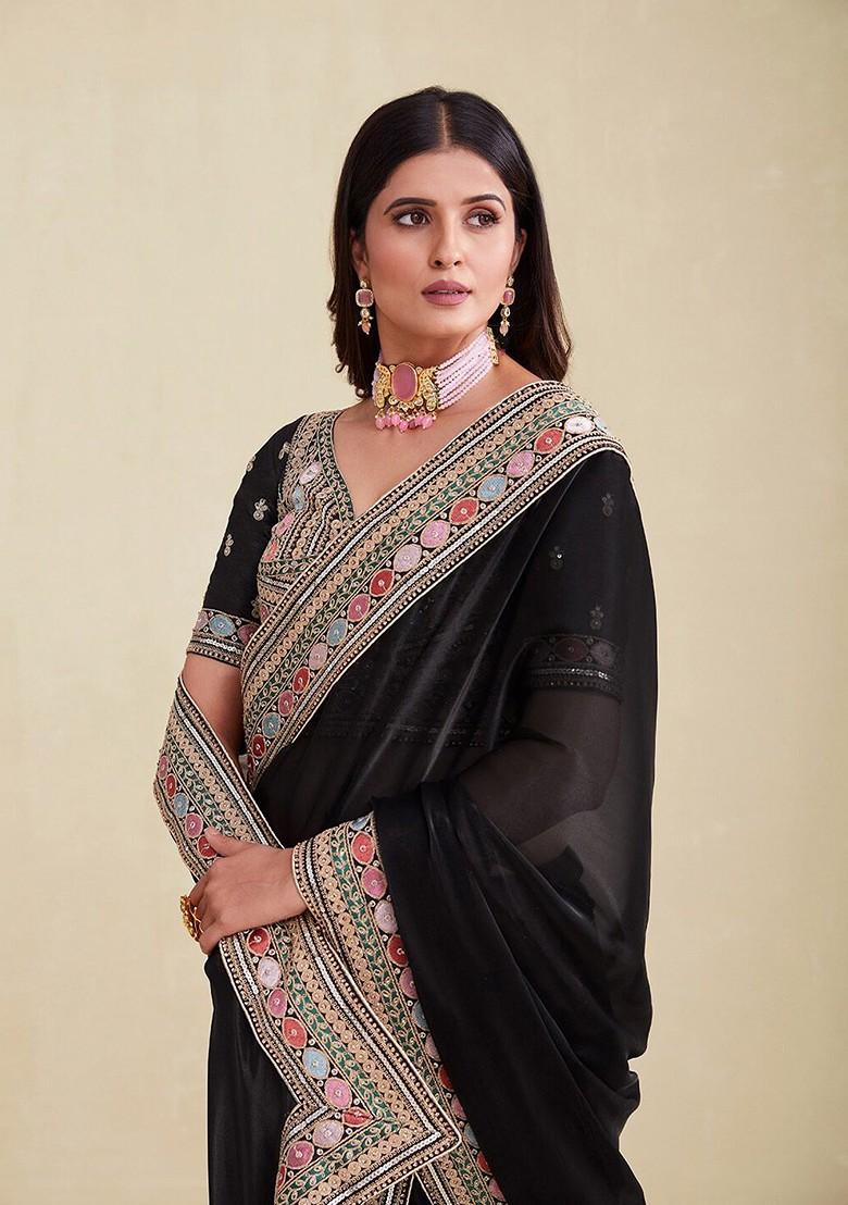 Black Embroidered Poly Blend Pre-Stitched Saree