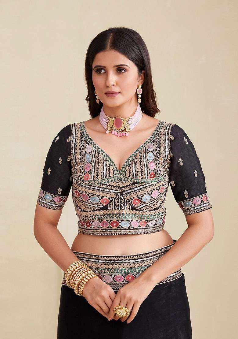 Black Poly Blend Pre-Stitched Saree with Embroidered for Diwali | Wedding & Festive Wear - Indya
