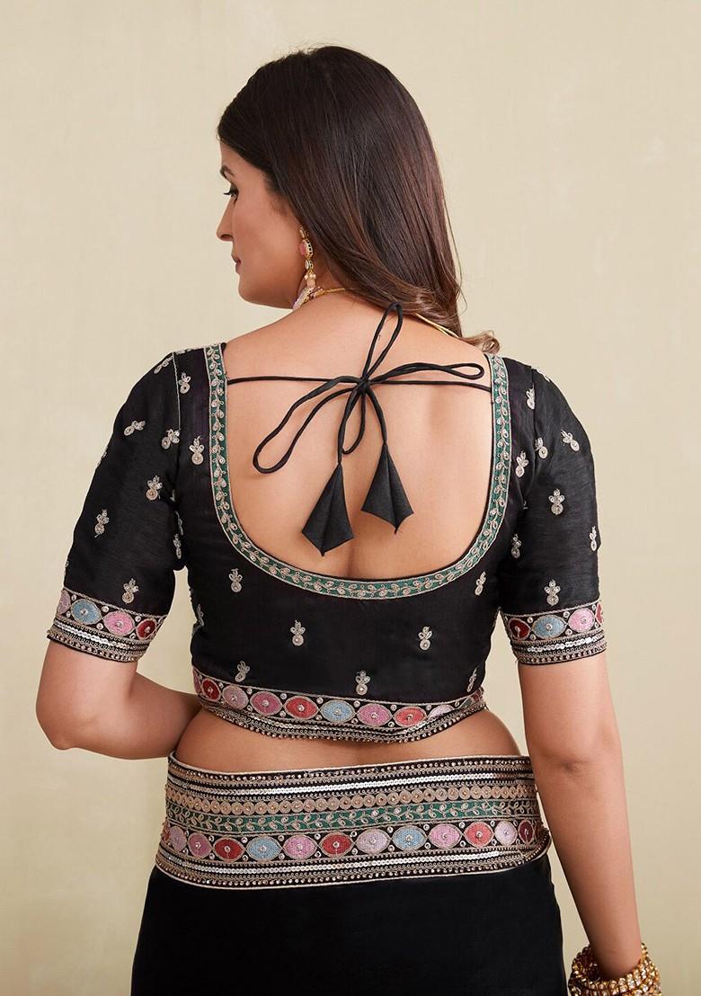 Black Embroidered Poly Blend Pre-Stitched Saree