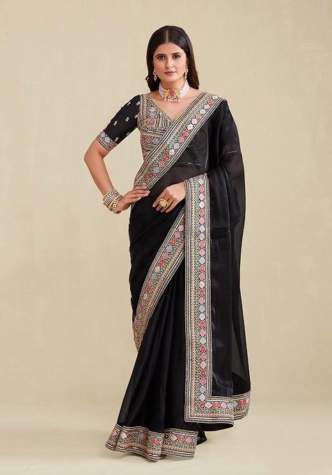 Black Poly Blend Pre-Stitched Saree with Embroidered for Diwali | Wedding & Festive Wear