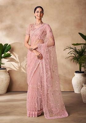 Pink Embellished Poly Blend Pre-Stitched Saree