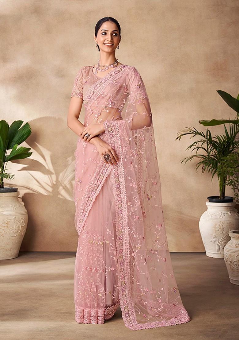 Pink Embellished Poly Blend Pre-Stitched Saree