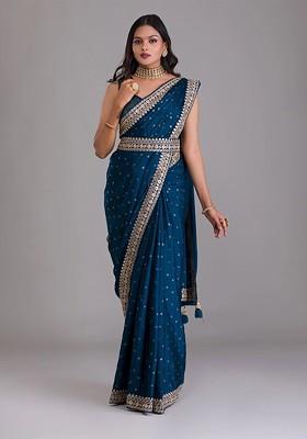 Blue Embroidered Poly Blend Pre-Stitched Saree