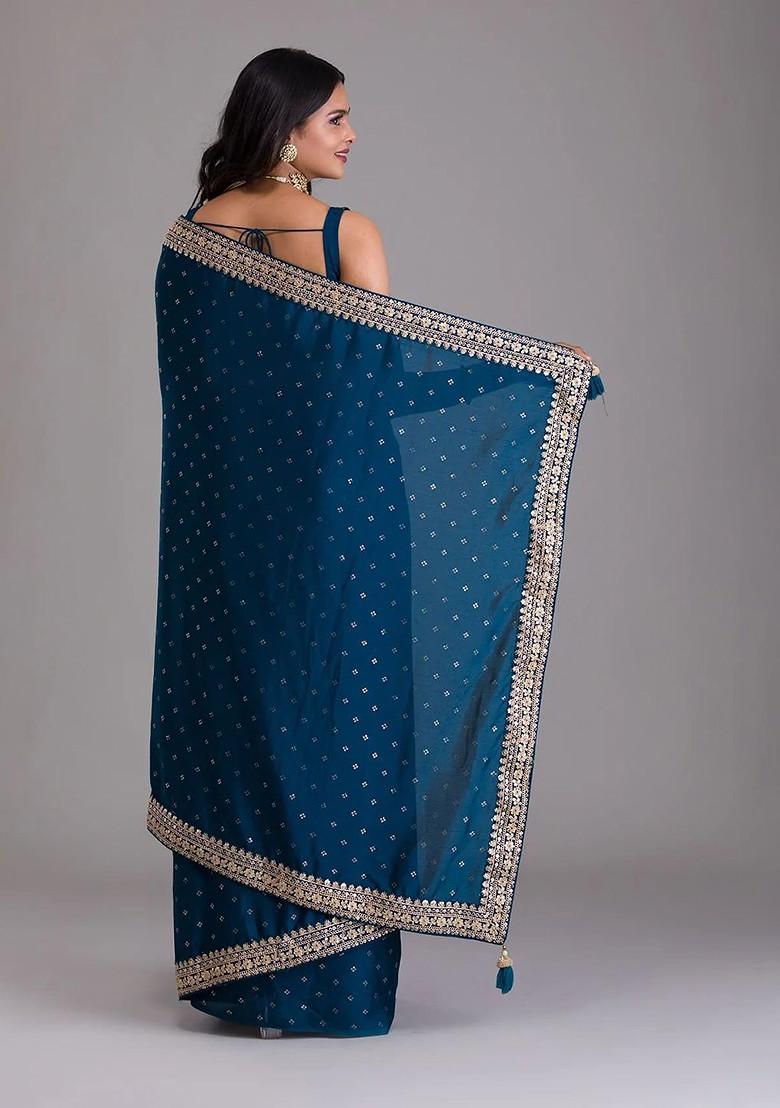 Blue Embroidered Poly Blend Pre-Stitched Saree