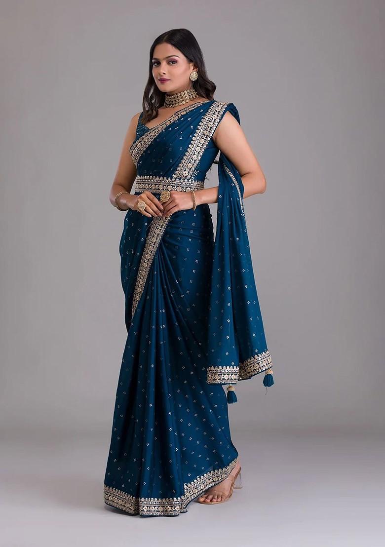Blue Embroidered Poly Blend Pre-Stitched Saree