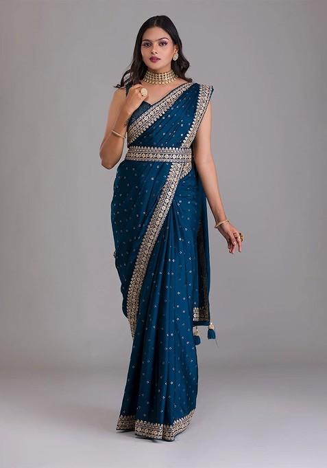 Blue Poly Blend Pre-Stitched Saree with Embroidered for Diwali | Wedding & Festive Wear