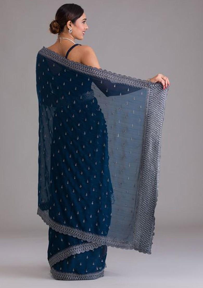 Blue Embellished Poly Blend Pre-Stitched Saree