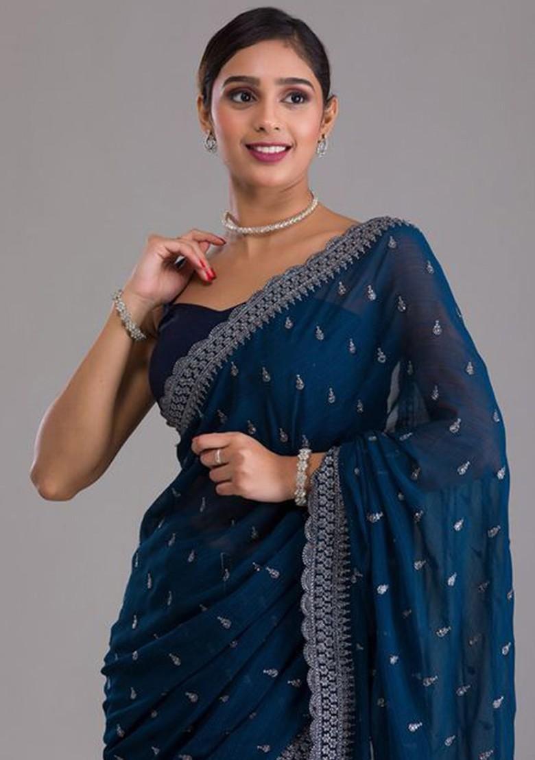Blue Embellished Poly Blend Pre-Stitched Saree