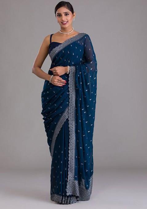 Blue Embellished Poly Blend Pre-Stitched Saree for Diwali and Festive Wear