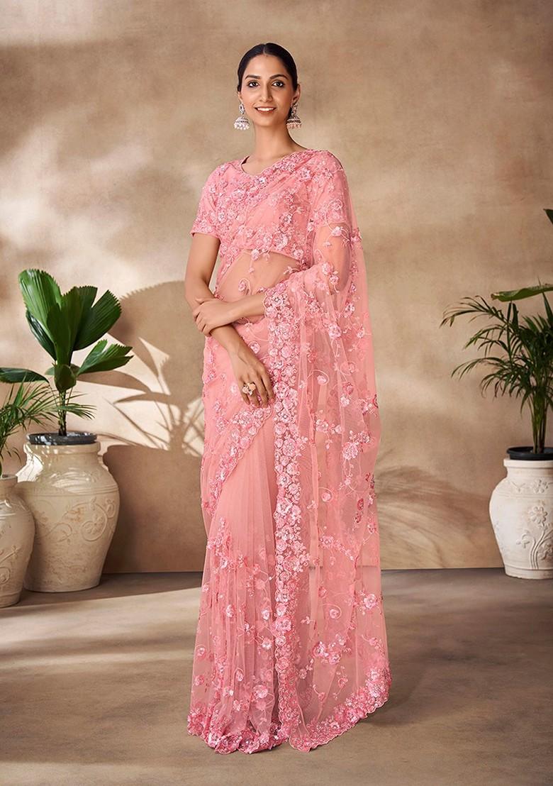 Peach Embellished Poly Blend Pre-Stitched Saree