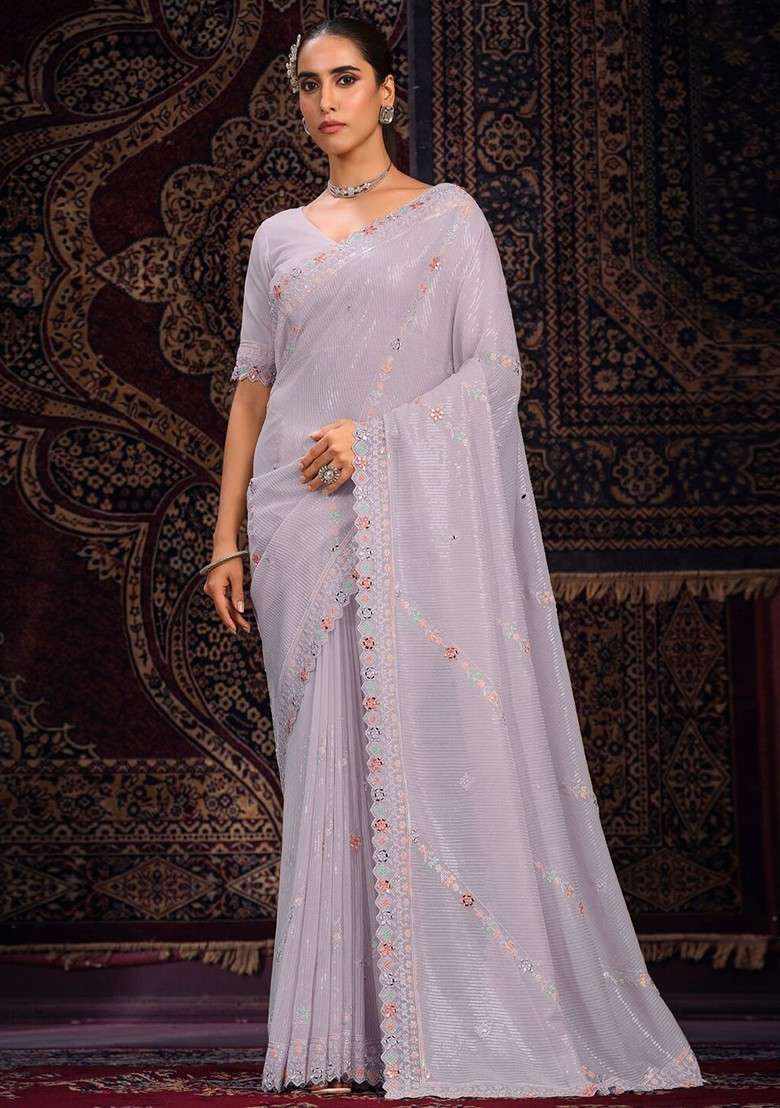 Purple Sequin Embroidered Poly Blend Pre-Stitched Saree - Indya