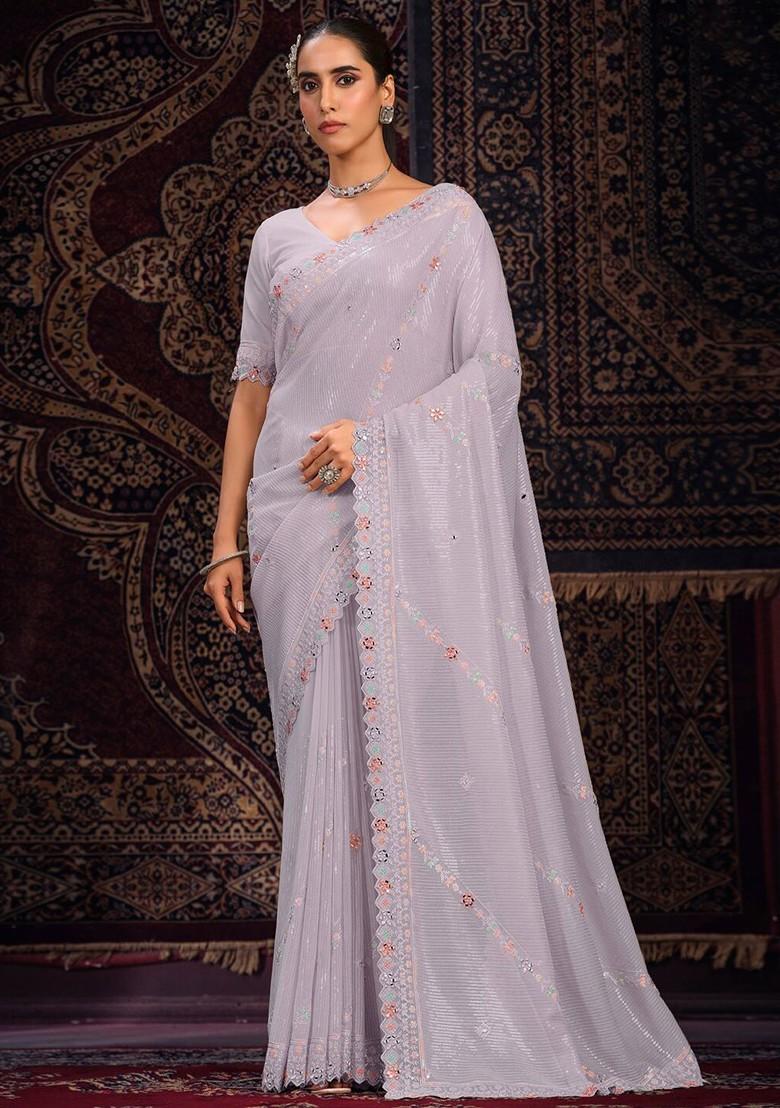 Purple Sequin Embroidered Poly Blend Pre-Stitched Saree