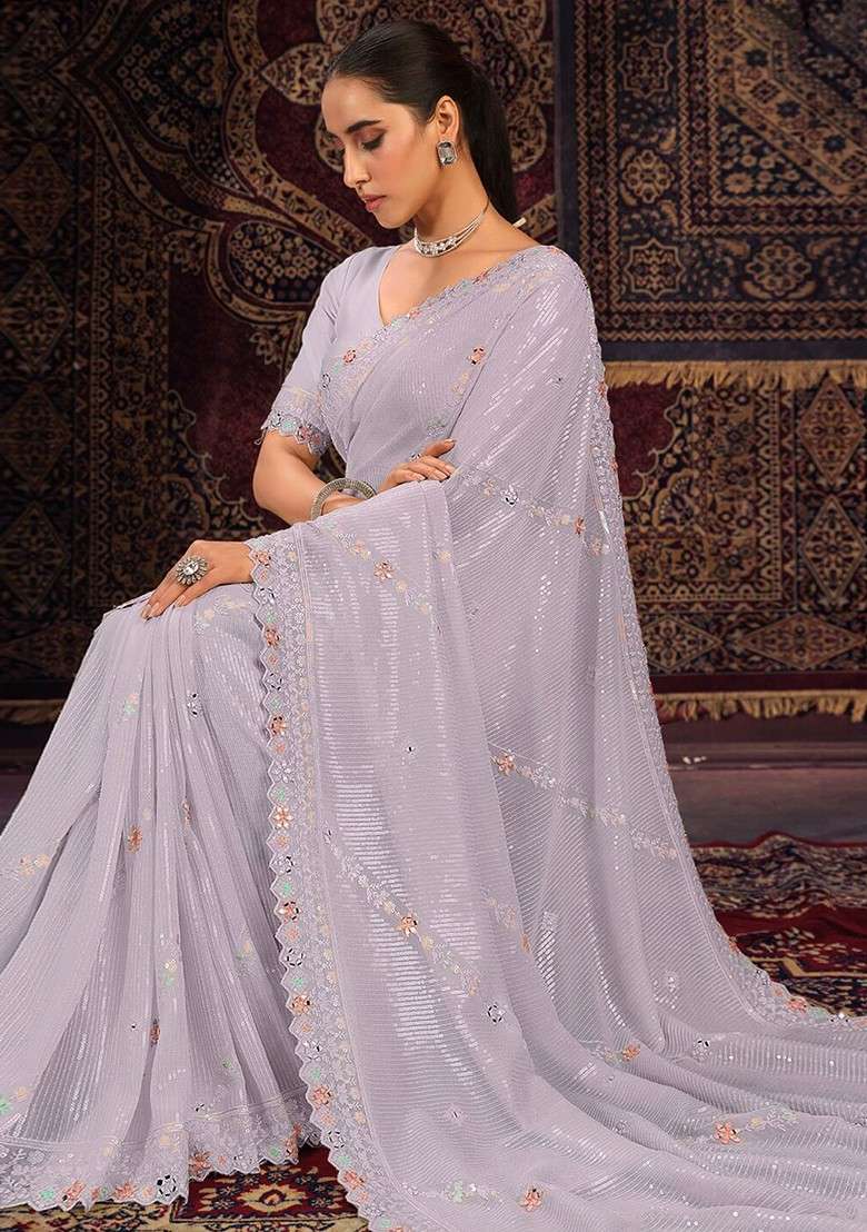 Purple Sequin Embroidered Poly Blend Pre-Stitched Saree - Indya