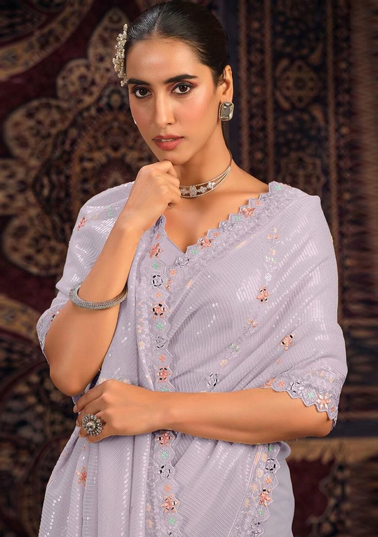 Purple Sequin Embroidered Poly Blend Pre-Stitched Saree