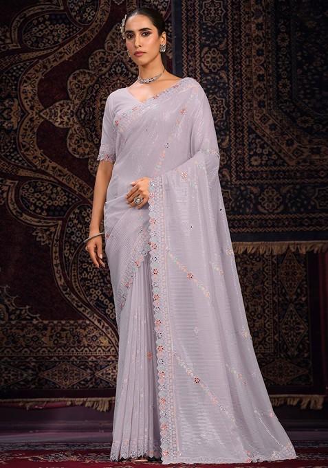 Purple Sequin Embroidered Poly Blend Pre-Stitched Saree