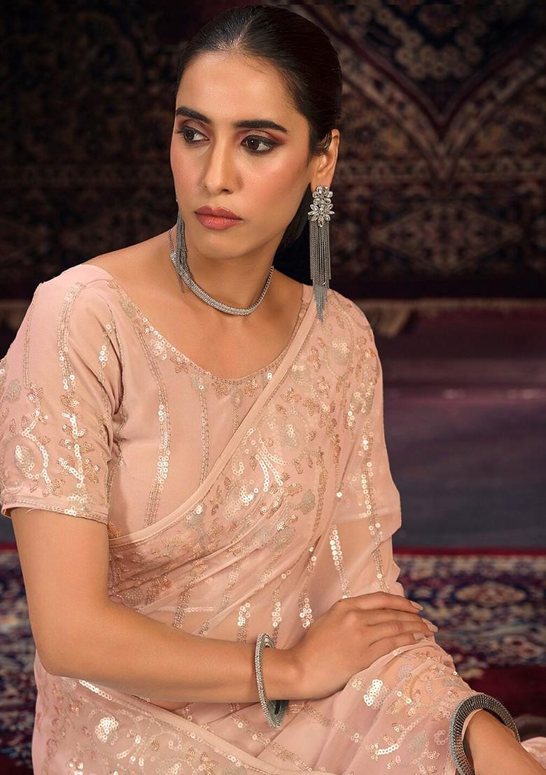 Purple Sequin Embroidered Poly Blend Pre-Stitched Saree