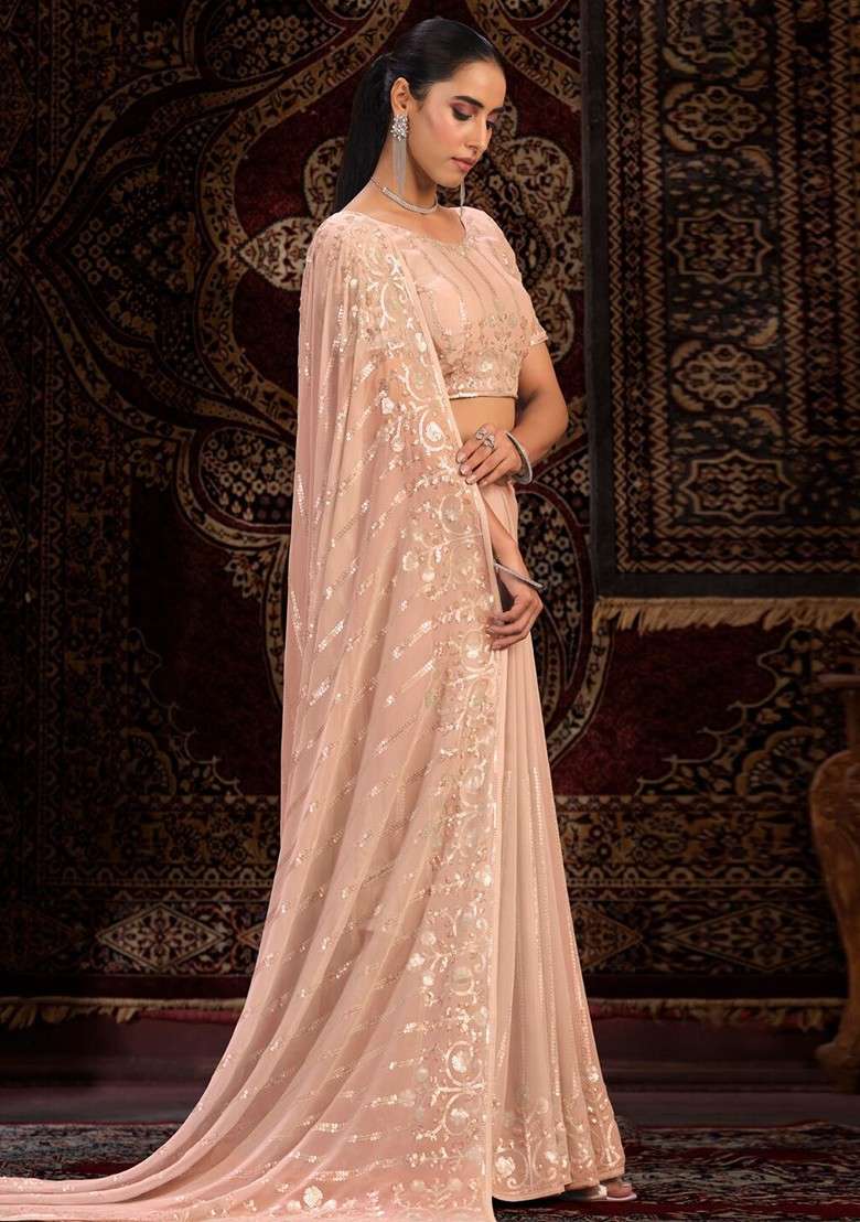 Purple Poly Blend Pre-Stitched Saree with Embroidered & Sequin for Diwali | Wedding & Festive Wear - Indya