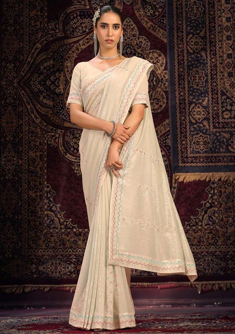 White Poly Blend Pre-Stitched Saree with Embroidered & Sequin for Diwali | Wedding & Festive Wear - Indya