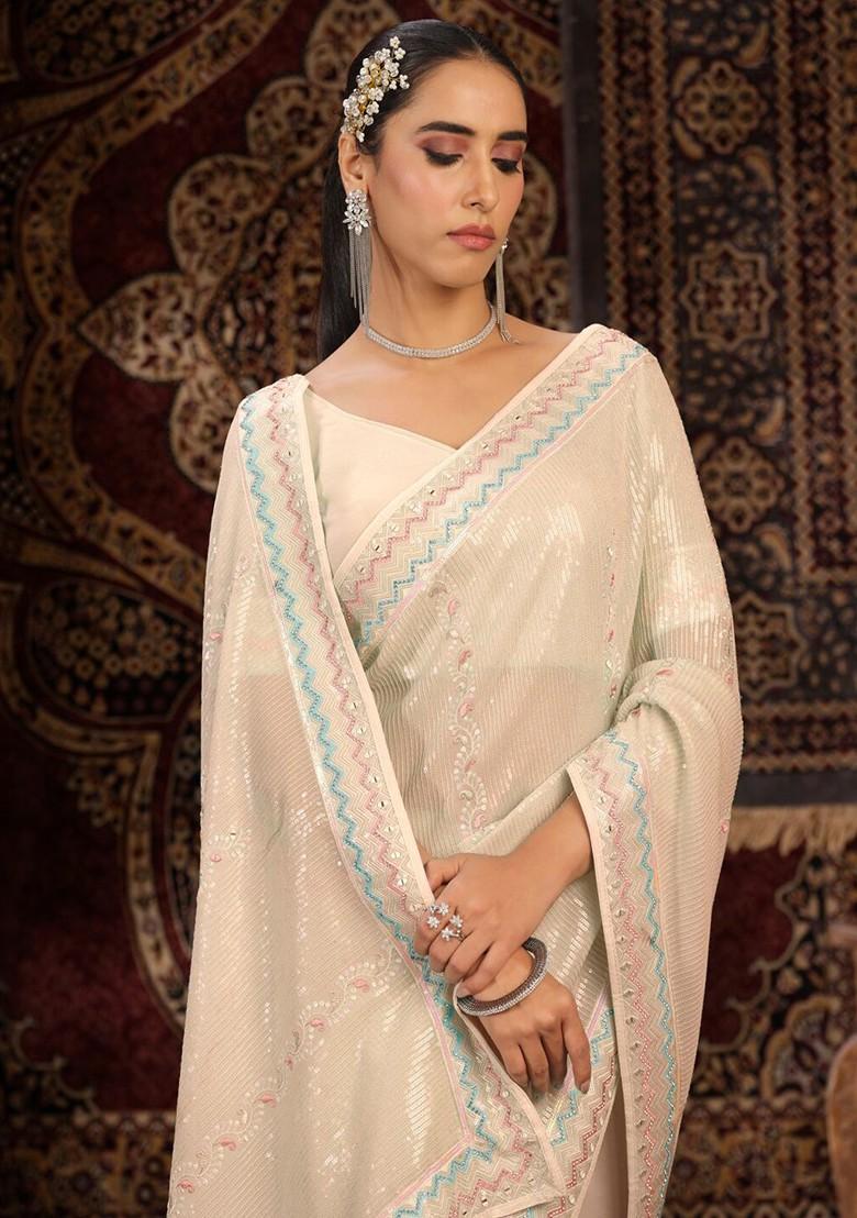 White Sequin Embroidered Poly Blend Pre-Stitched Saree