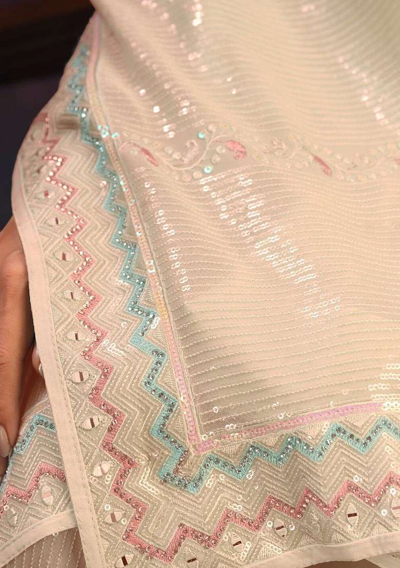 White Poly Blend Pre-Stitched Saree with Embroidered & Sequin for Diwali | Wedding & Festive Wear - Indya