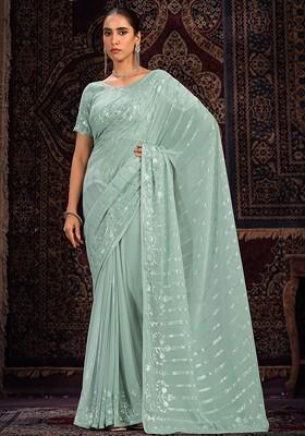 Green Sequin Embroidered Poly Blend Pre-Stitched Saree