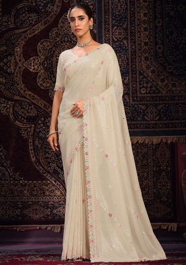 White Sequin Embroidered Poly Blend Pre-Stitched Saree - Indya