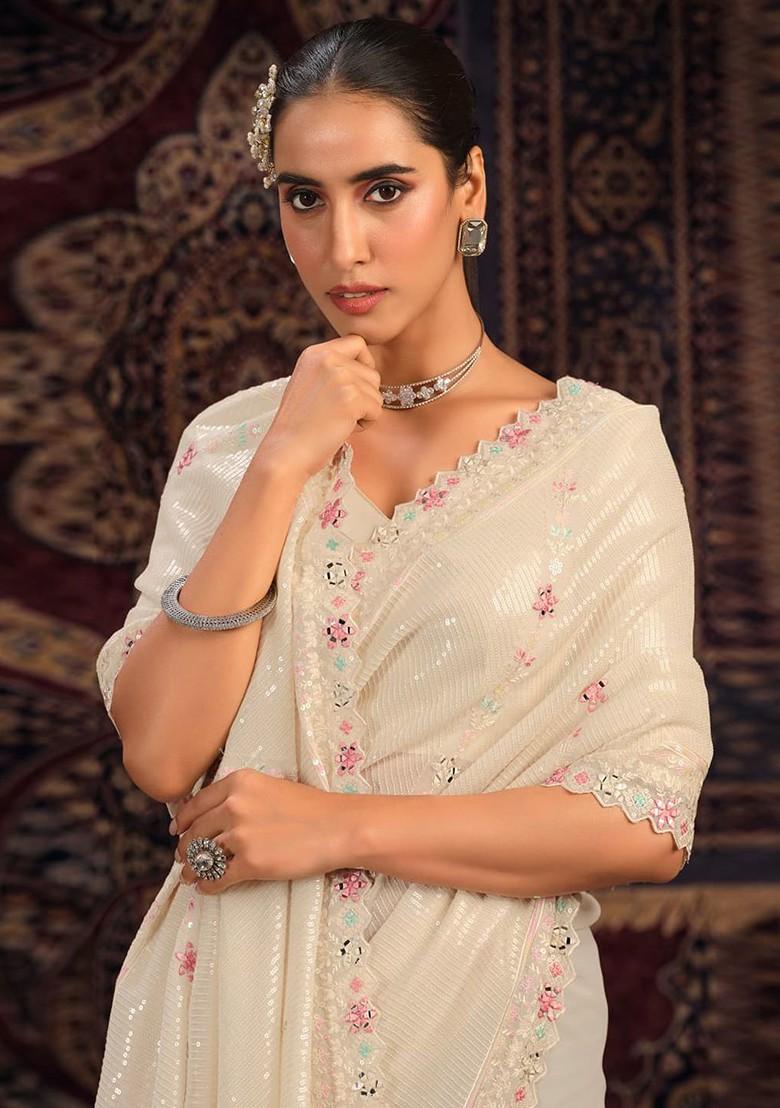 White Sequin Embroidered Poly Blend Pre-Stitched Saree