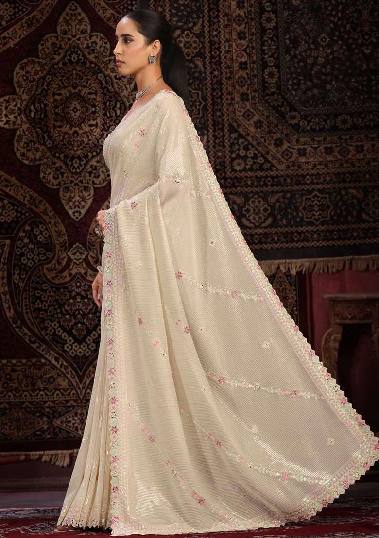 White Sequin Embroidered Poly Blend Pre-Stitched Saree - Indya