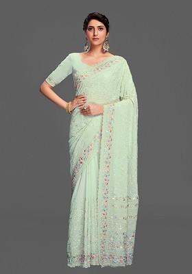 Green Embroidered Poly Blend Pre-Stitched Saree