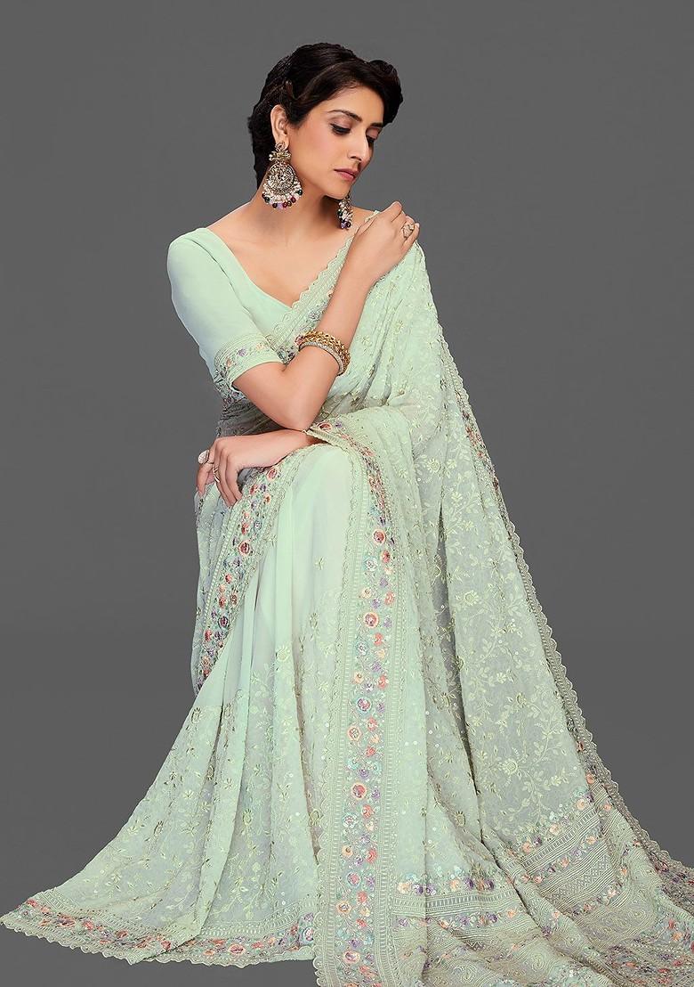 Green Embroidered Poly Blend Pre-Stitched Saree