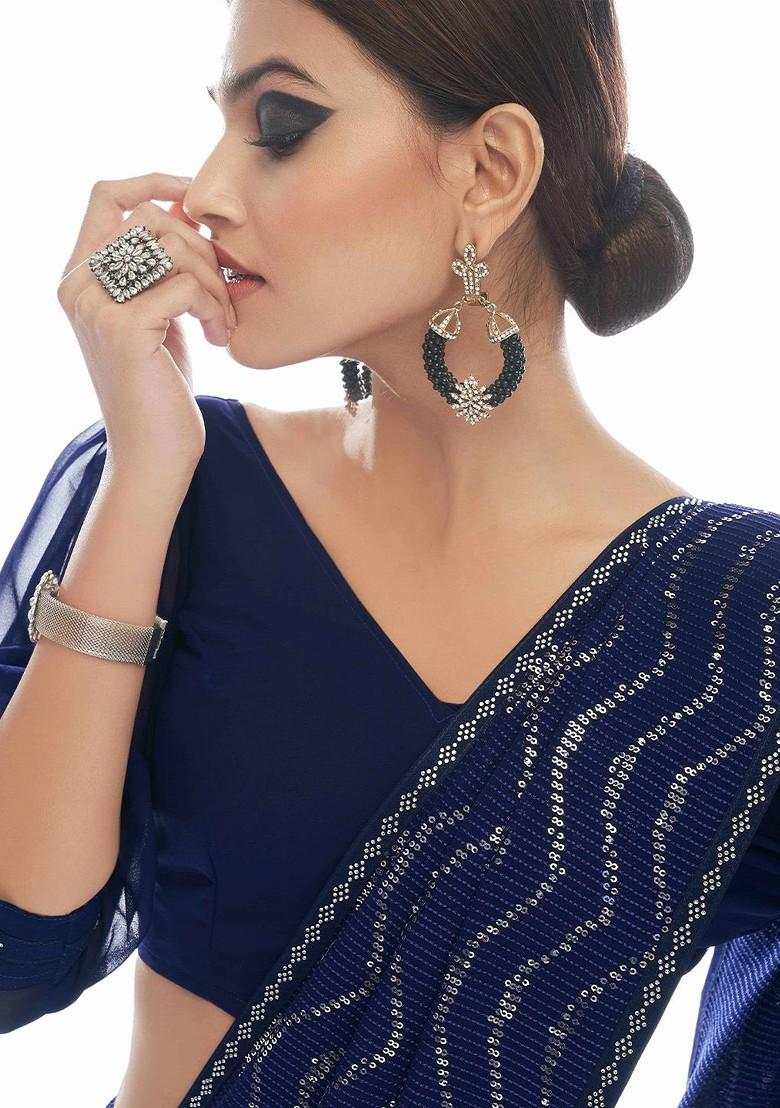 Blue Embellished Poly Blend Pre-Stitched Saree