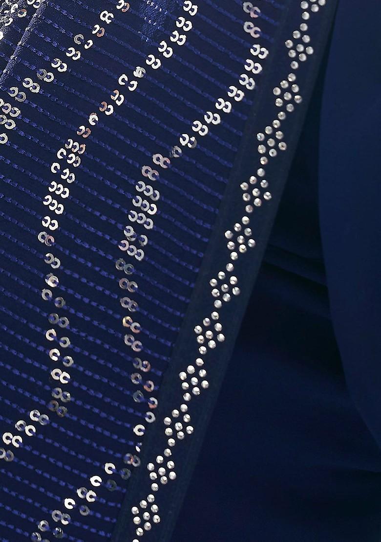 Blue Embellished Poly Blend Pre-Stitched Saree