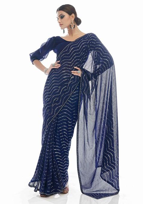 Blue Embellished Poly Blend Pre-Stitched Saree for Diwali | Wedding & Festive Wear