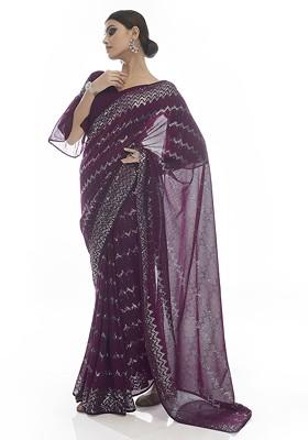 Maroon Embellished Poly Blend Pre-Stitched Saree