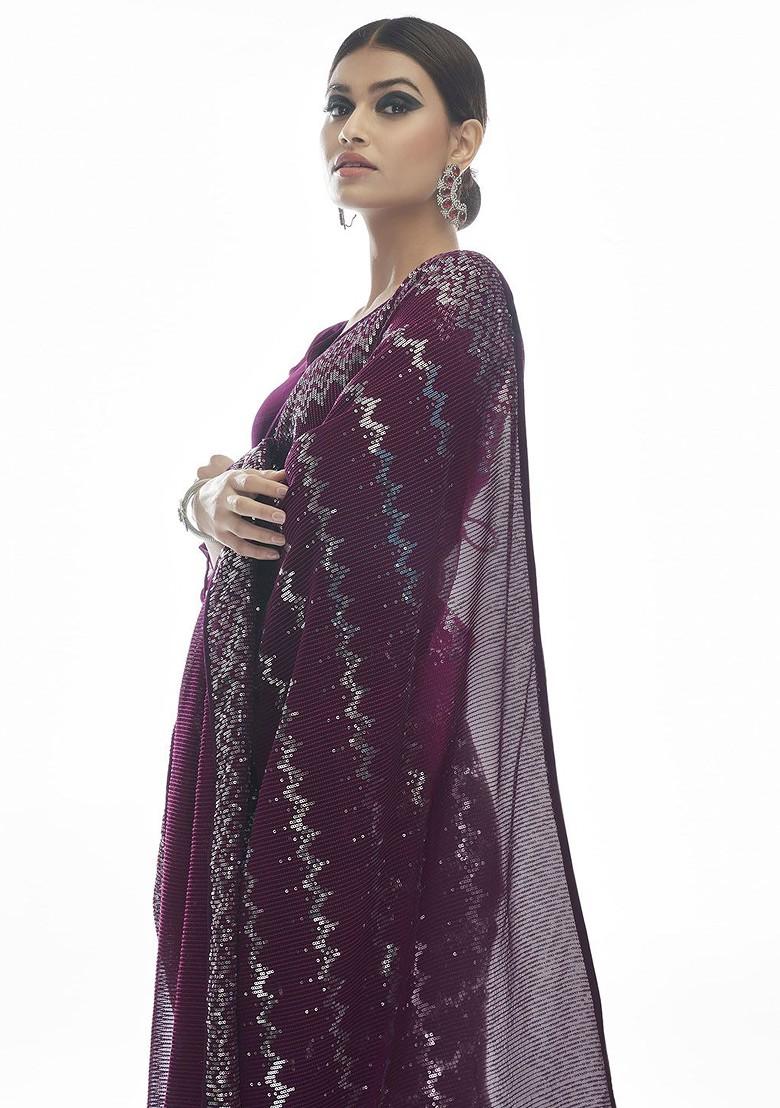 Maroon Embellished Poly Blend Pre-Stitched Saree