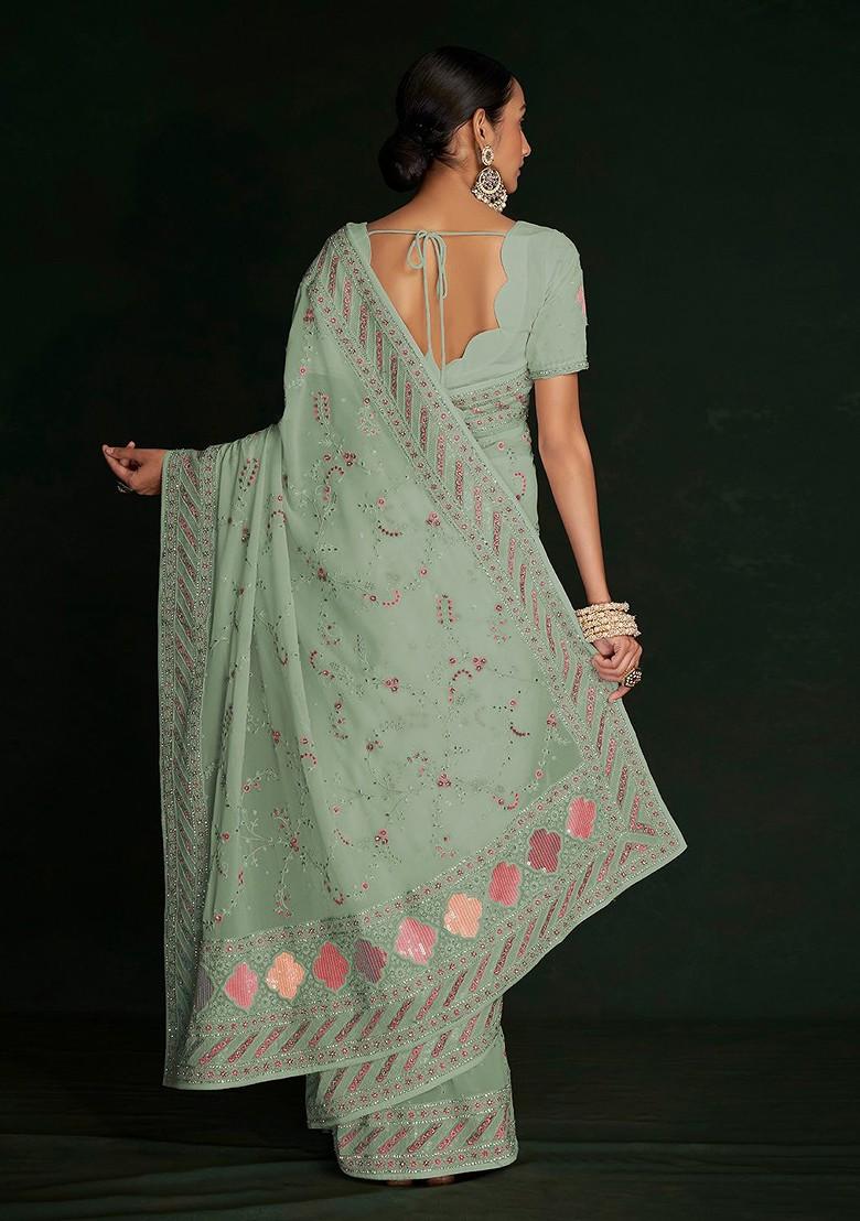 Green Embroidered Poly Blend Pre-Stitched Saree