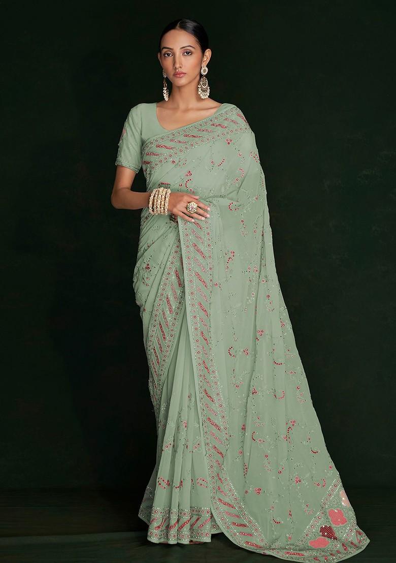 Green Embroidered Poly Blend Pre-Stitched Saree