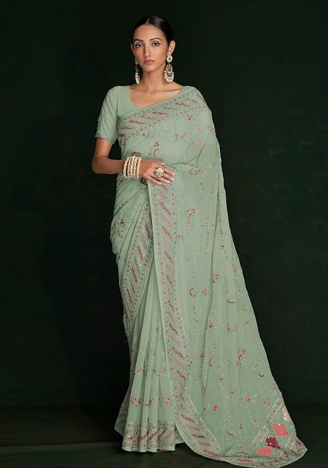 Green Embroidered Poly Blend Pre-Stitched Saree
