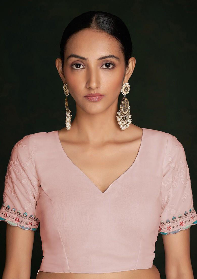 Peach Embroidered Poly Blend Pre-Stitched Saree