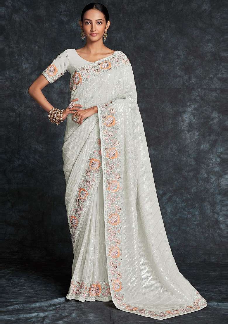 White Embroidered Poly Blend Pre-Stitched Saree - Indya