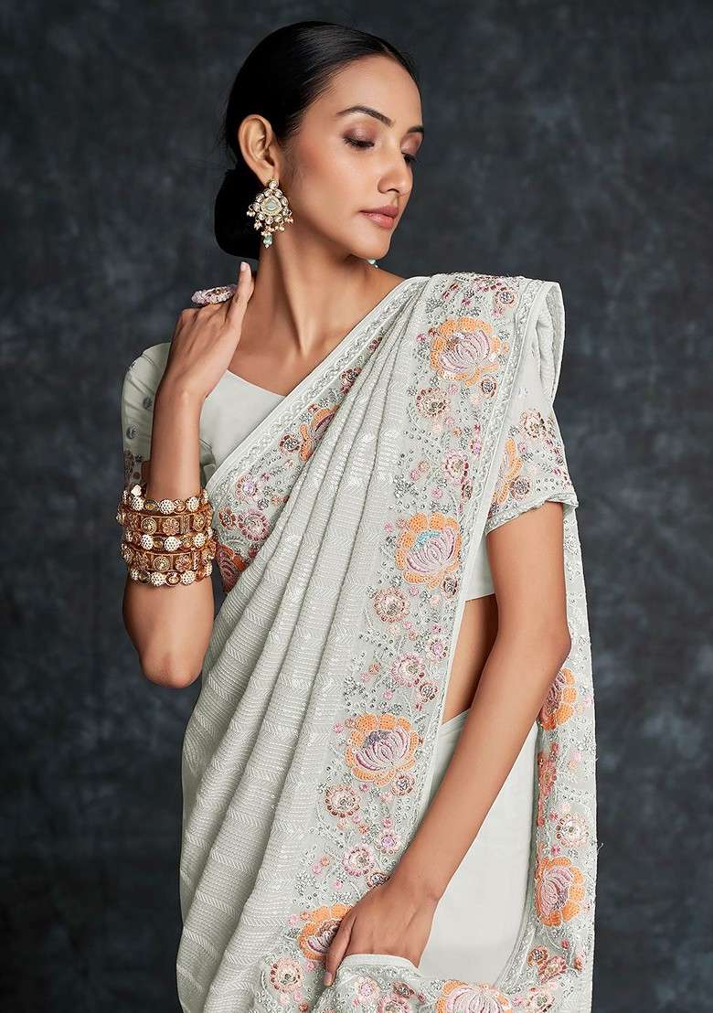 White Embroidered Poly Blend Pre-Stitched Saree - Indya