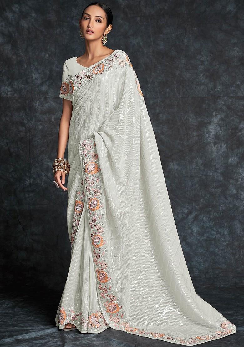 White Embroidered Poly Blend Pre-Stitched Saree