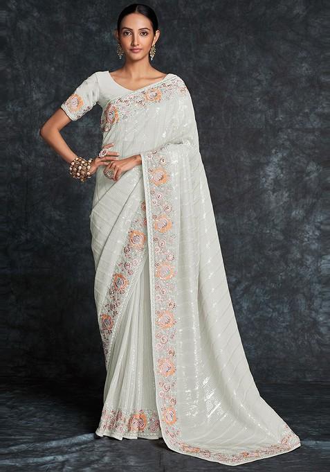 White Embroidered Poly Blend Pre-Stitched Saree